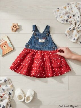OshKosh B'gosh‎ Infant Denim Overall Dress Red White Star Print Size 12M Tiered